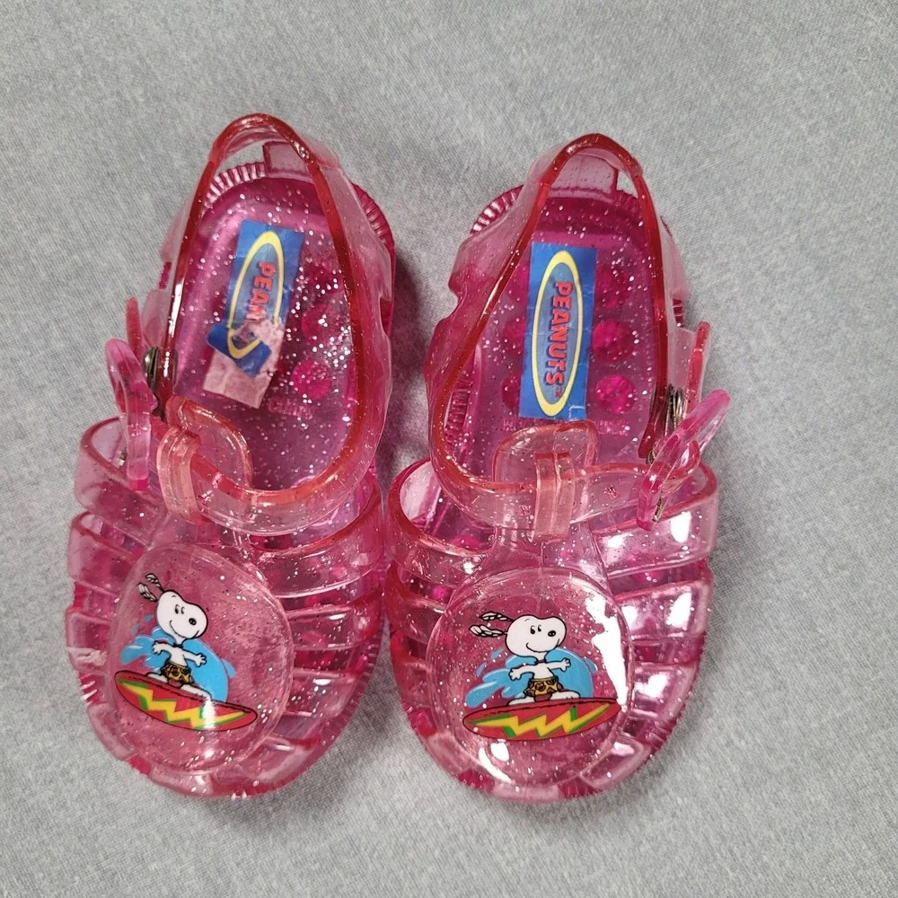Vintage Snoopy Kids Girls 5/6 Jelly Sandal Water Shoes Pink Sparkles Peanuts